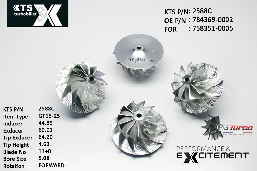 Turbo ROUE FORGÉE MFS PERFORMANCE - 11+0 PALES - INDUCER : 44,39 - EXDUCER : 60,01 - TYPE : GT15-25ANGLE : 60° - ROTATION : Forward - SUPER BACK : 3,79 - BORE SIZE : 5,08
